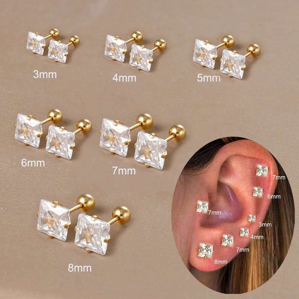2PC Stainless Steel Shiny Zircon Square Earrings For Women Fashion Korean 3/4/5/6/7/8mm Helix Tragus Cartilage Piercing Jewelry H260309-image-1096882345
