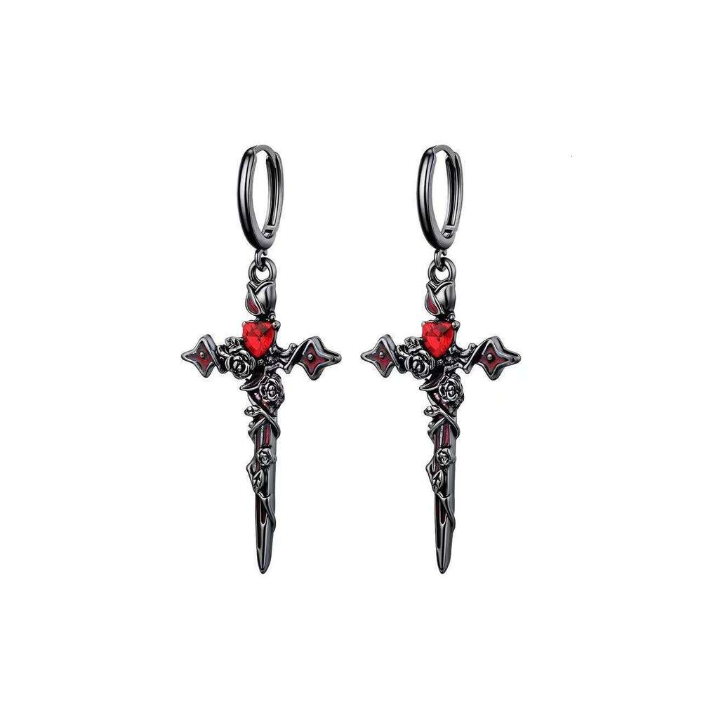 Womens Jewelry Earrings stud black and white cross red heart gem pendant earrings gothic punk style personality unique earrings suitable for dating