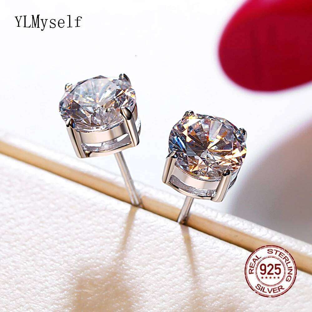 YLMyself 7mm Round Cubic Zircon Earrings Pure 925 Silver HipHop Rock Daily Wear Fine Hypoallergenic Stud Jewelry H260309