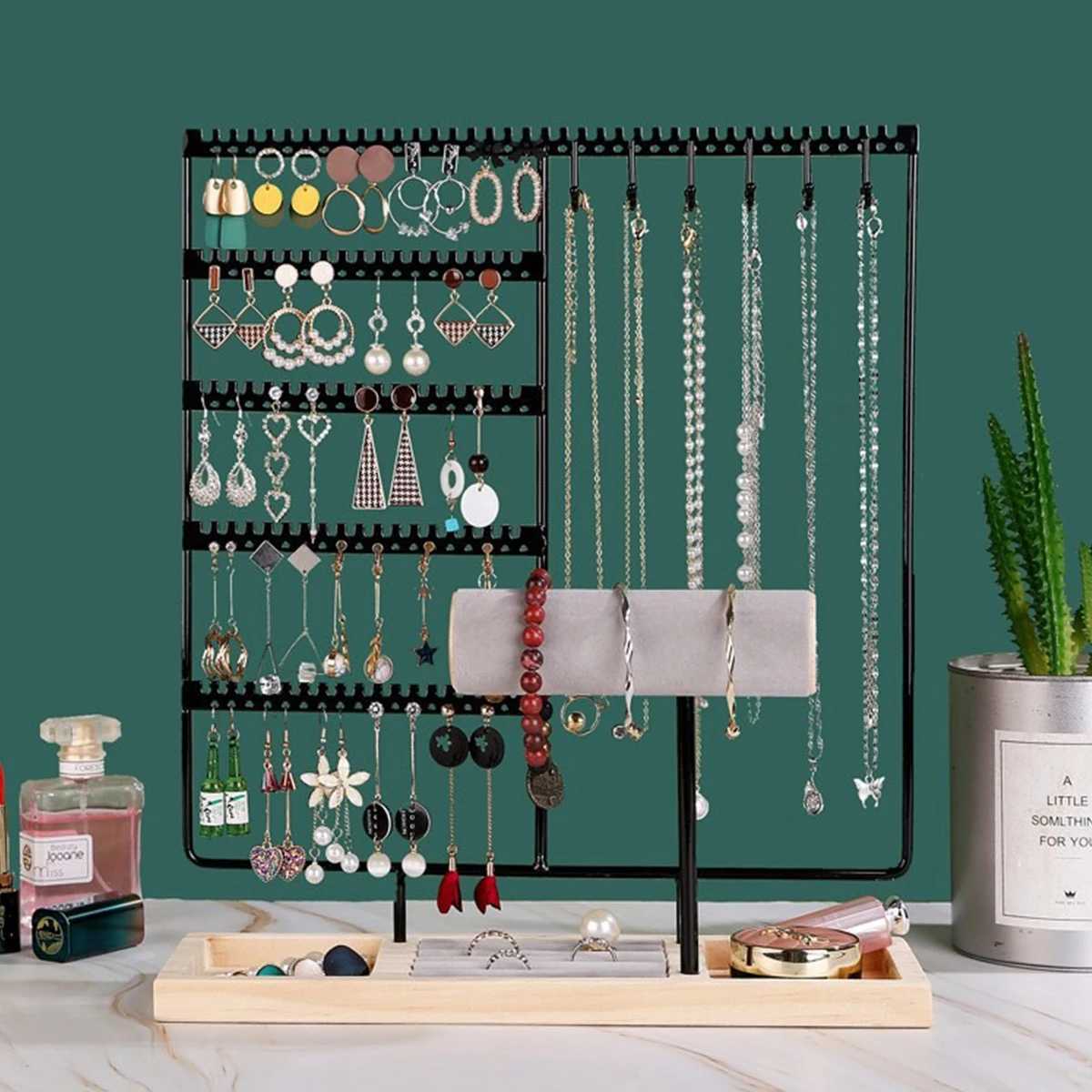 Metal Jewelry Organizer Stand with Wooden Tray - Multi-Functional Storage for Earrings Necklaces Bracelets Rings C260309-image-1096800744