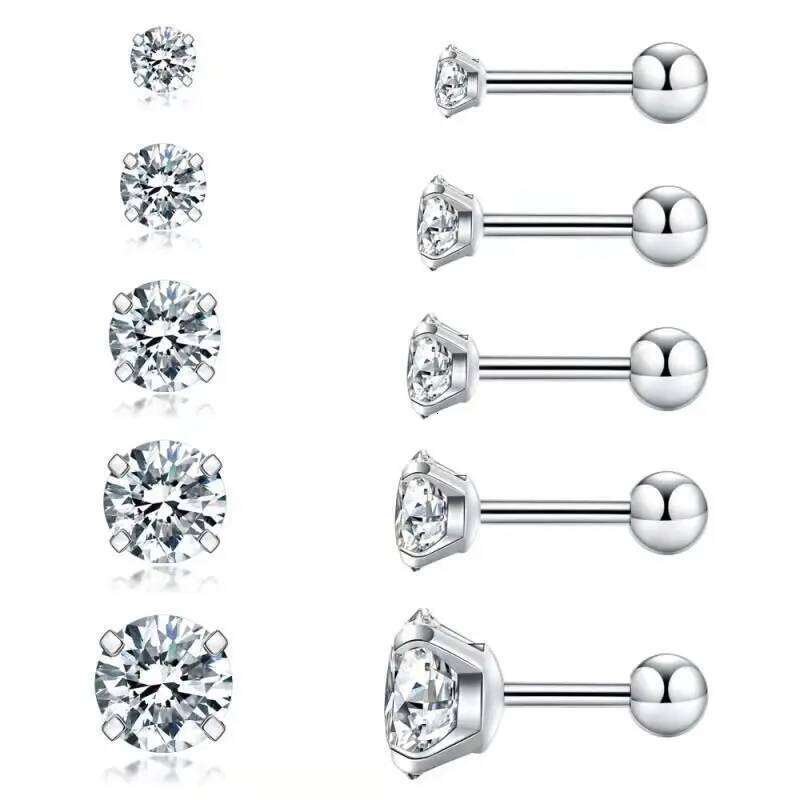 2pcs 316l Stainless Steel Screw-back Zircon Stud Earrings 2mm to 8mm Classical Style No Fade Allergy Free H260309
