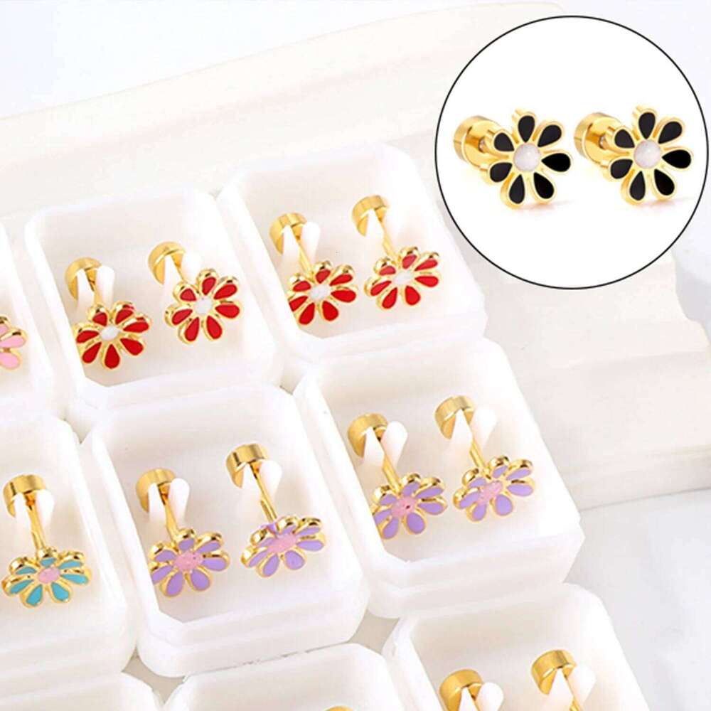 12Pair/Box Flower Daisy Stainless Steel Stud With Glitter Trendy Cute Hypoallergenic Casual Earrings Jewelry Gift 2024 H260309-image-1096881566