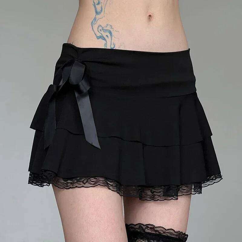 Dark Academia Lace A-line Mini Skirt Black Low Waisted Bow Stitching Short Skirts Y2K Gothic Cute Bottoms Streetwear XJ260309-image-1096803430