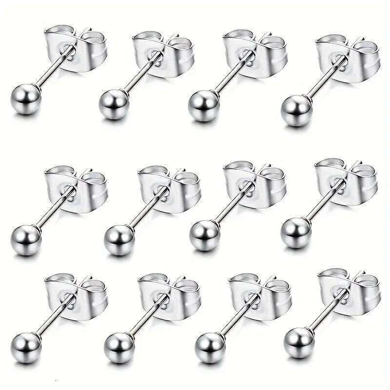 12pcs/set Simple Classic Stainless Steel Minimalist Big Small Round Ball Stud Earrings for Men Women Daily Jewelry Size 2-10mm H260309