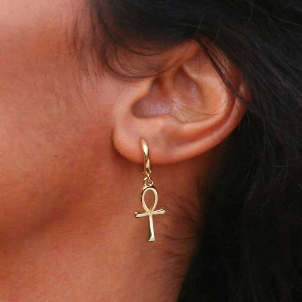 Egyptian Ankh Cross Hoop For Women Men Gold Color Stainless Steel Key of Life Earrings Egypt Lucky Amulet Jewelry Gift H260309-image-1096882655