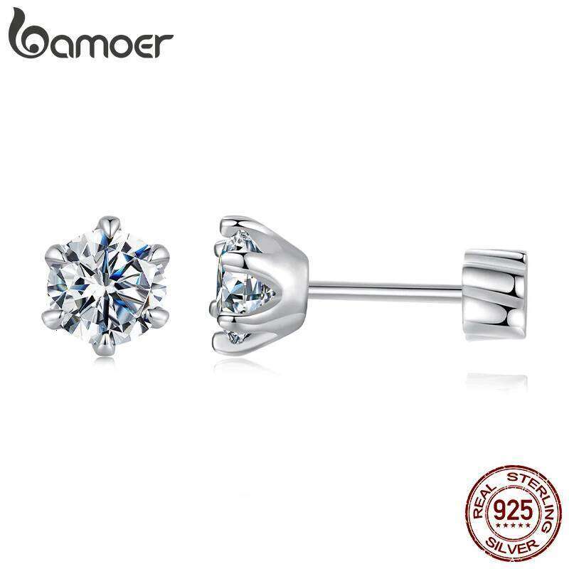 BAMOER White Gold Plated Earrings for Women, 925 Sterling Silver Sparkling Moissanite Studs Huggies Christmas Gift H260309-image-1096883346