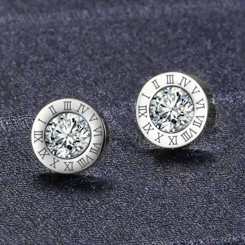 Classic Trend Geometric Circle Crystal Roman Numeral Stud Earrings for Women Temperament Gold Color Stainless Steel Jewelry Gift H260309-image-1096883234