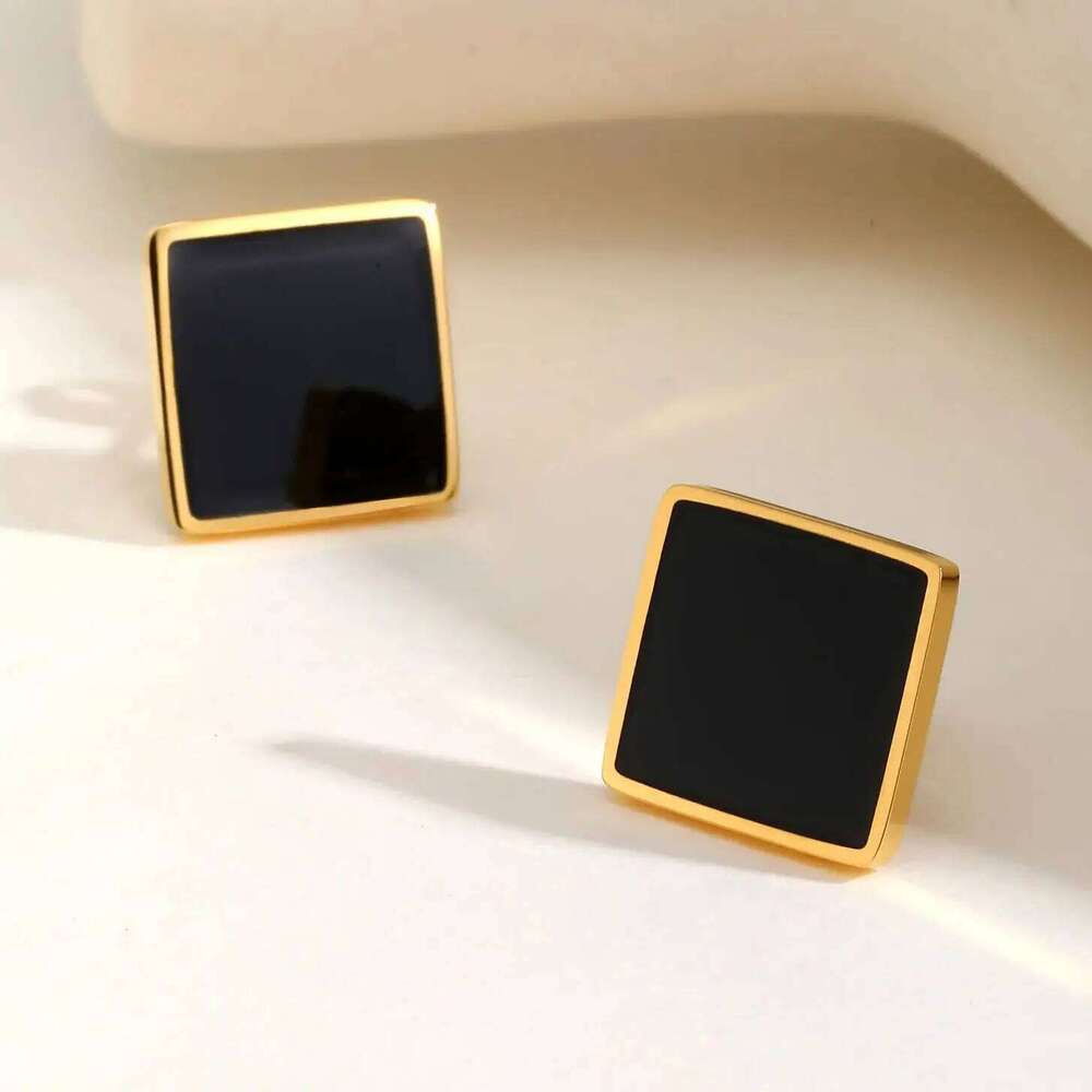 Stainless Steel Square Stud for Women,Water Proof Black Oil Earrings Gold Color,Fashion Jewelry Lady Gift H260309-image-1096881529