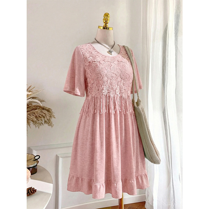 M0119 summer new large size pink dress lace fringed dress loose ruffle edge crew neck short sleeve skirt