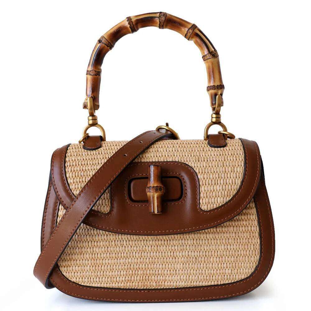 Ladies Genuine Leather Handbags Designer Bag With Natural Bamboo Handle Brandy High Quality Fashion Accessory For Women