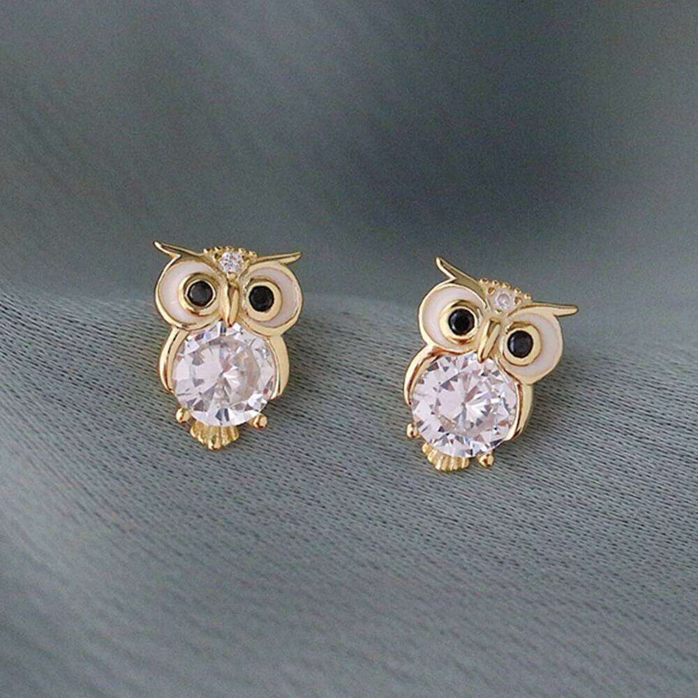 Huitan Gold Color Stud Funny Night Owl Earrings Women for Dance Party Cute Girl Gift Luxury CZ Ear Jewelry H260309-image-1096883614