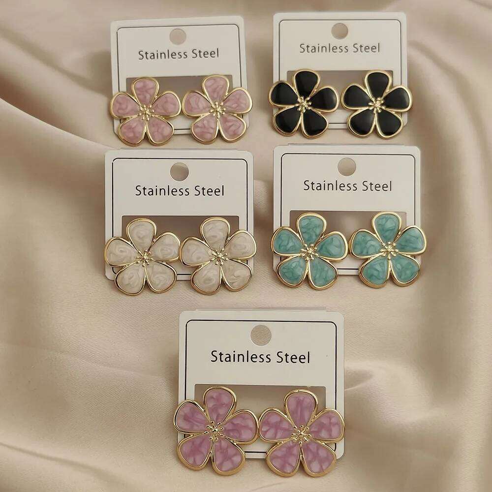 Creative five-leaf flower colorful enamel stainless steel waterproof and rusty-free women's earrings, party jewelry H260309-image-1096882427