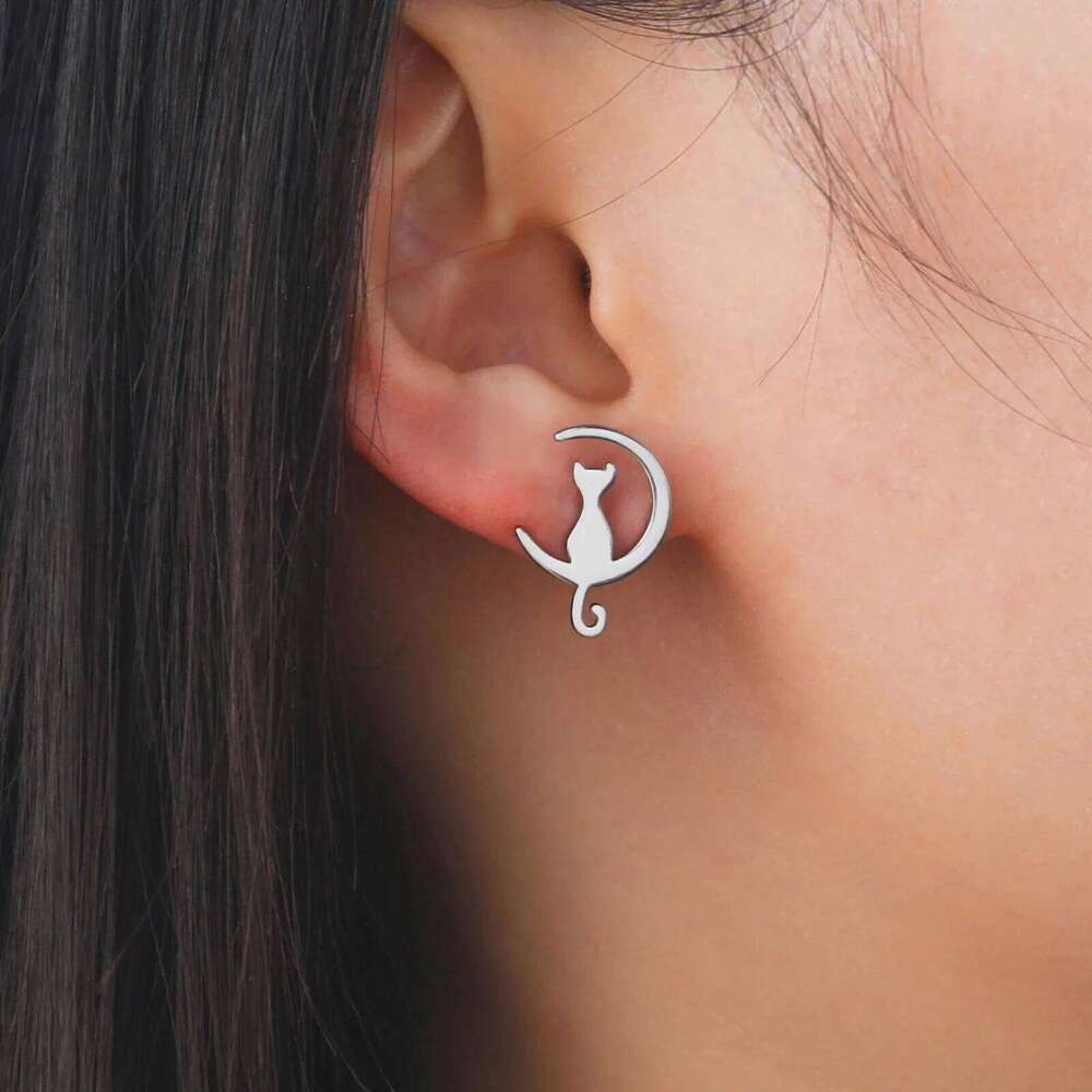 Skyrim Stainless Steel Moon Cat Stud Earring Simple Korean Style Ear Jewelry for Women Girls 2025 Trendy Wedding Gift Wholesale H260309-image-1096881414