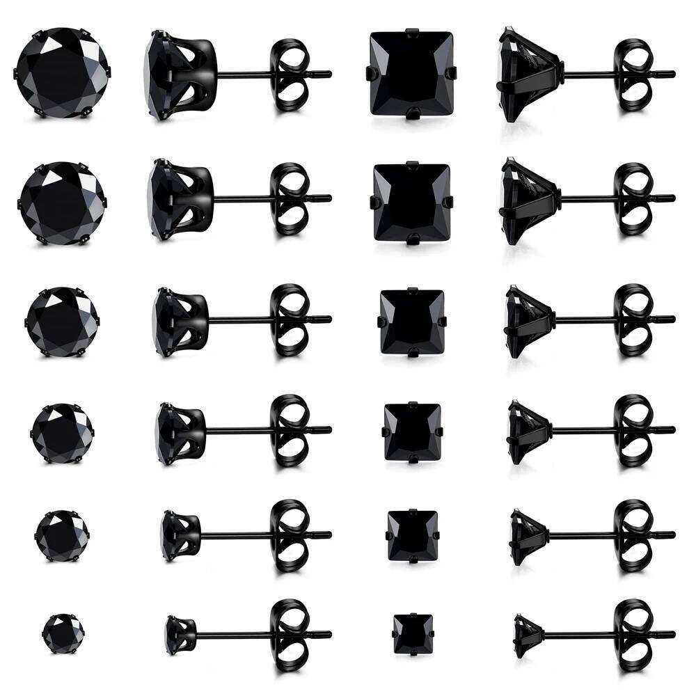 1 Pair Stainless Steel Black Round Square Cubic Zirconia Stud Earrings Set Punk Piercing Jewelry for Men Women 3-8mm H260309-image-1096881118