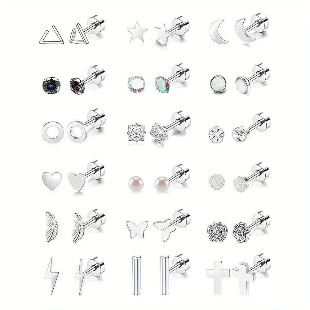 4-18-Piece Stainless Steel Stud Earrings Set: Moon, Star, Flower, Cross with Zircon Inlay - Perfect for All Occasions H260309-image-1096881879
