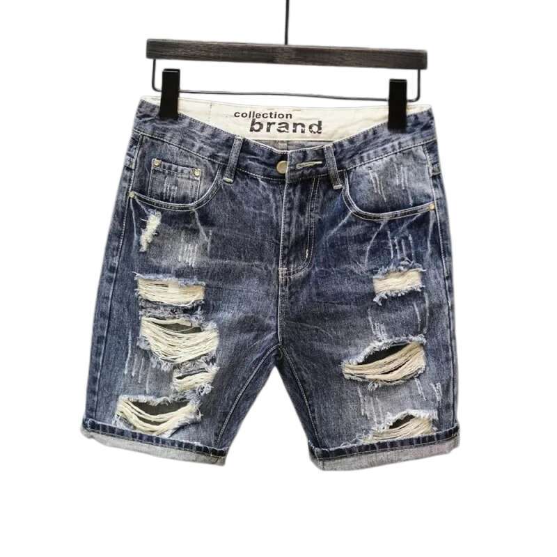 Vintage Japanese Style Mens Denim Straight Leg Mid Waist Summer Trendy ed Five Piece Shorts Home Casual Men's Clothing