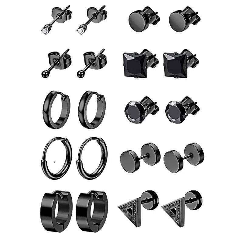 Punk Black stainless steel small ball cartilage earring endless earrings black men's and women's set H260309-image-1096882673