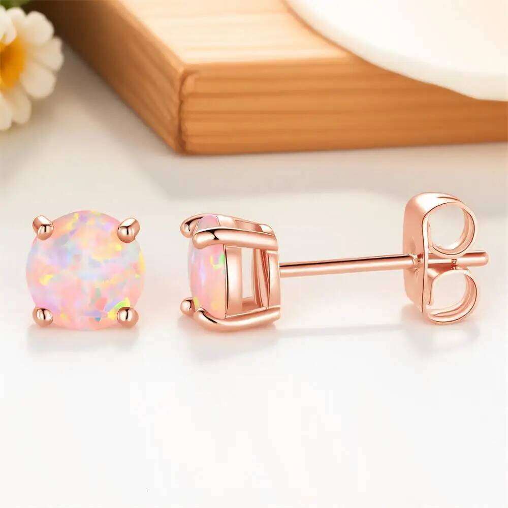 4mm Round Stone Cute Pink Opal Small Stud Earrings For Women Vintage Rose Gold Color Minimalist Earring Bridal Wedding Jewelry H260309-image-1096883853