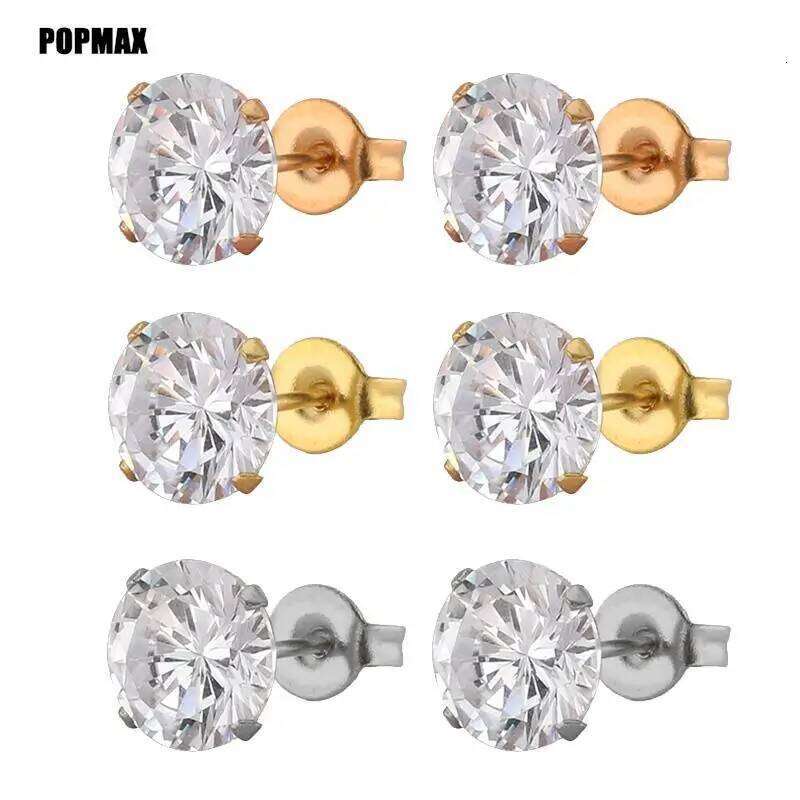 POPMAX 1Pairs/2Pcs Stainless Steel Crystal Studs Earrings For Women Men 4 Prong Tragus Round Clear Cubic Zirconia Ear Jewelry H260309-image-1096883418