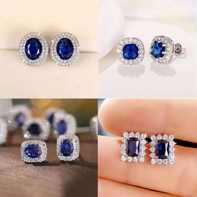 Noble Blue Cubic Zirconia Stud Earrings for Lady Ear Piercing Modern Fashion Design Eternity Women Bulk Jewelry H260309-image-1096883545