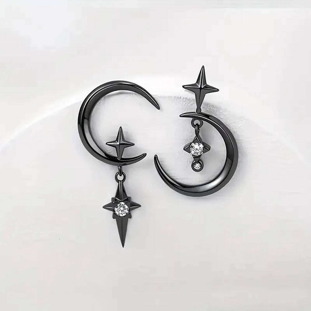 Personnalisé et boucles d'oreilles, lune de ton noir avec éléments étoiles, embellissement en strass, design asymétrique, plein d'élégance H26030