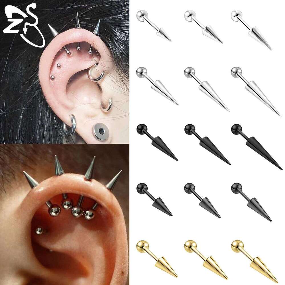 ZS 1 Piece Punk 18G Stainless Steel Stud Earring Men Women 6/8/10/12/15/17MM Long Spike Shape Helix Cartilage Piercings Jewelry H260309-image-1096882000