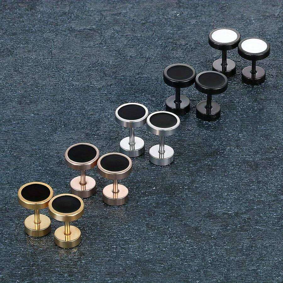 2pcs/6pcs Unisex Hip Hop Stainless Steel Round Stud For Women Dumbbell Piercing Earrings Men Punk Fashion Jewelry H260309-image-1096881376