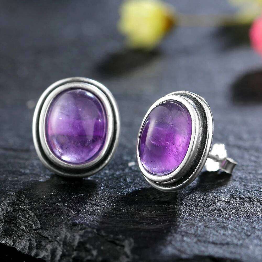 Natural 8x10MM Amethyst Stud Earring S925 Silver Earrings for Women Simple Vintage Jewelry Anniversary Gift H260309-image-1096881525