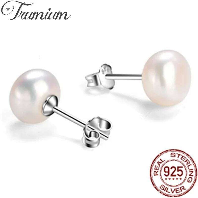 Trumium 925 Sterling Silver Handpicked Freshwater Natural Stud Earrings for Women High Quality Simple Pearl Earring H260309