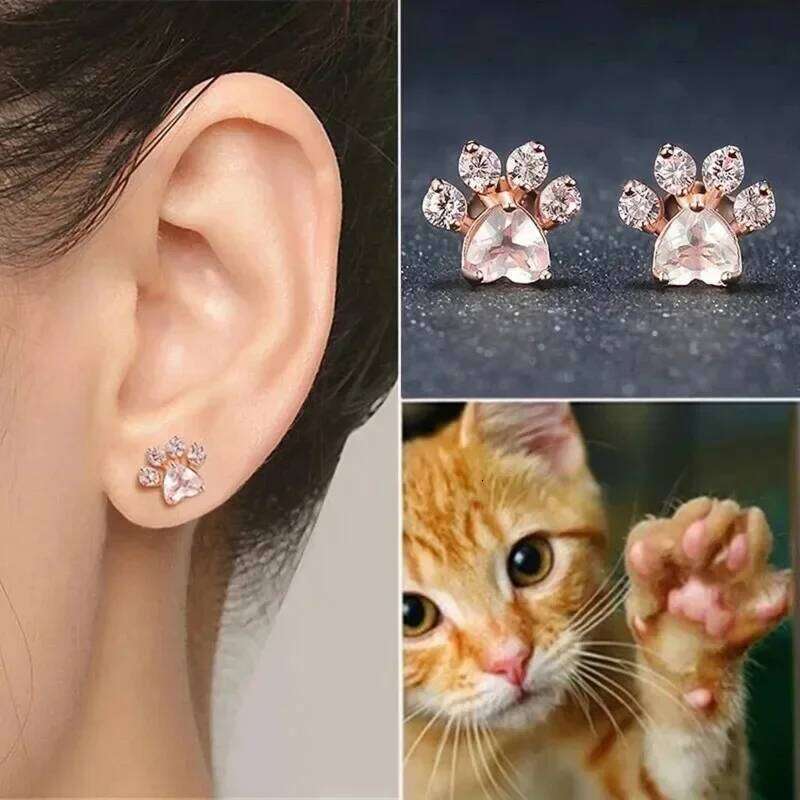 Creative Footprint Pink Crystal Stud For Woman Wedding Jewelry Gift Cute Small Cat Claw Earrings H260309-image-1096882727