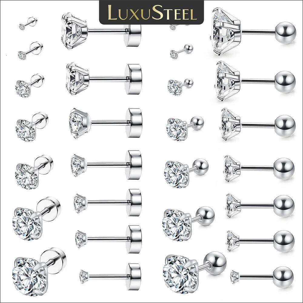 LUXUSTEEL Stainless Steel Round Cubic Zirconia Ear Piercing For Women Men CZ Shiny 2023 Silver Color Stud Earrings Body Jewelry H260309-image-1096883225