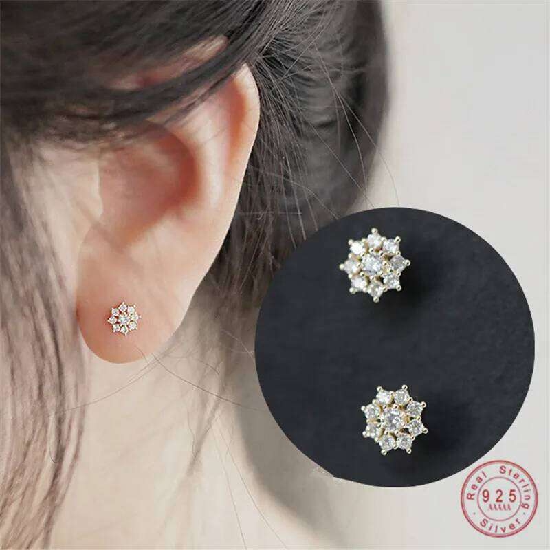 925 Sterling Silver Korean Simple Pav Crystal Snowflake Stud Earrings Women Sweet and Romantic 14k Gold Plating Jewelry Gift H260309-image-1096883331