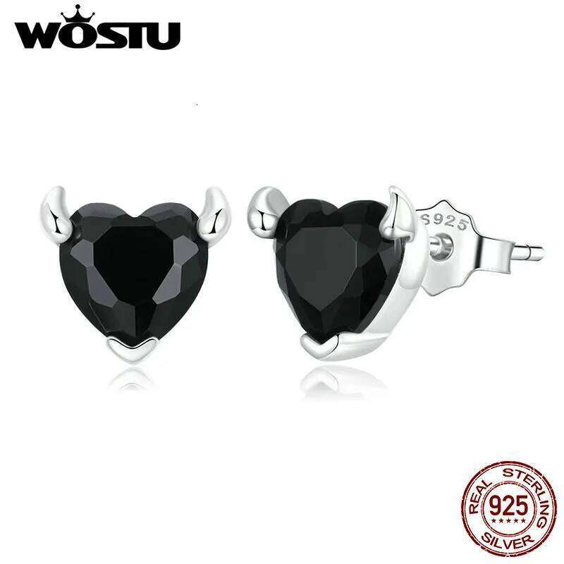 WOSTU Classic 925 Sterling Silver Devil Heart Ear Studs Exquisite Black Zircon Earrings Fine Anniversary Jewelry H260309