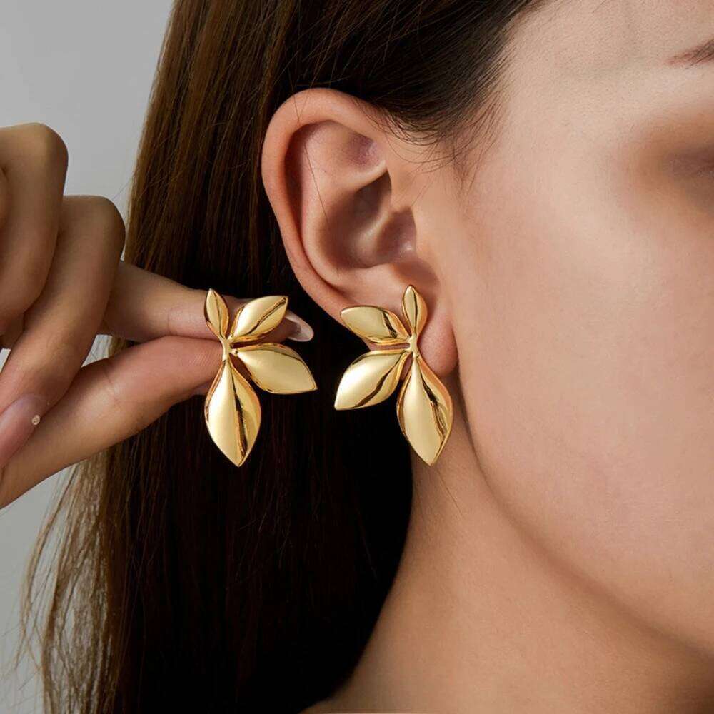 Fashion Temperament Stainless Steel Gold Color Shiny Surface Flower Petals Leaves Stud Earrings for Women Jewelry Accessory Gift H260309-image-1096882853