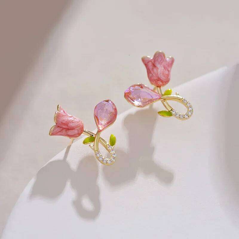 Pink Color CZ Crystal Tulip Flowers Stud Earrings for Women Simple Korean Design Ear Jewelry Friend Christmas Gift H260309-image-1096883279