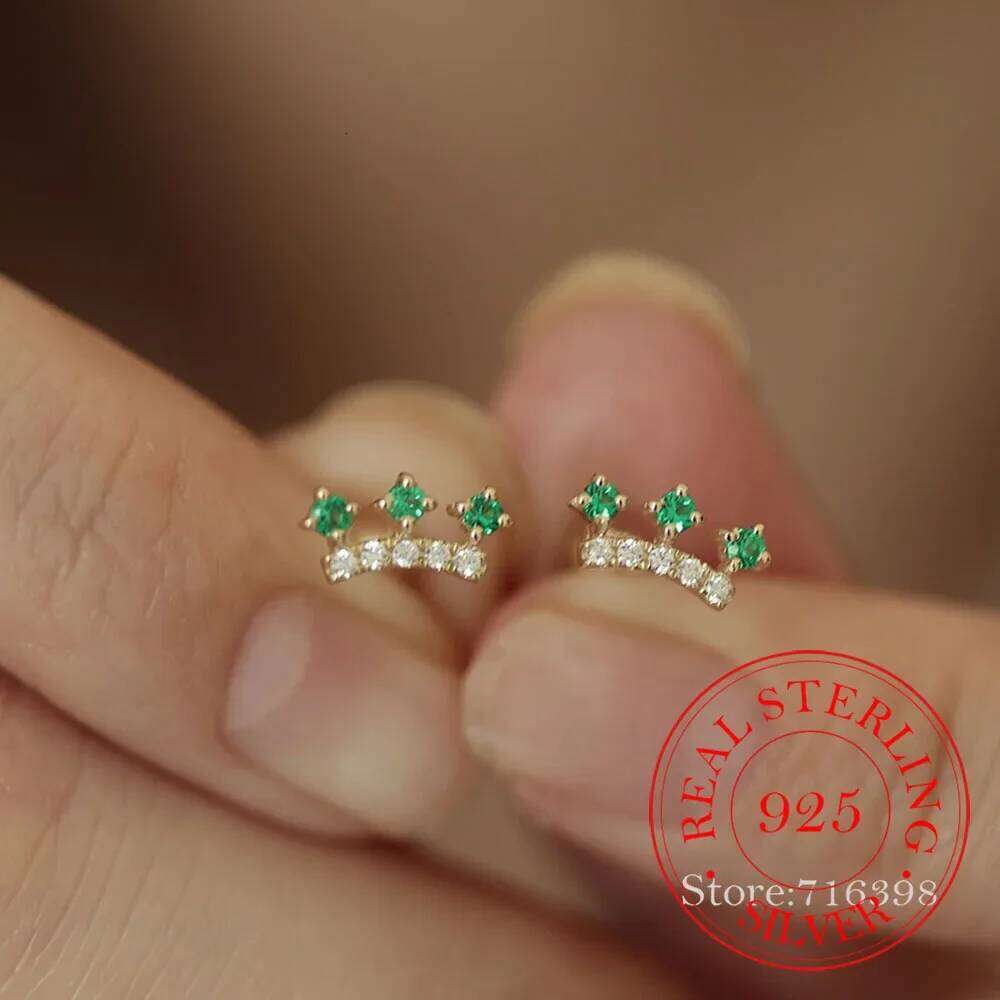 Real Money 925 Sterling Silver 14K Gold Plated Emerald Zircon Crown Stud Earrings For Women Wedding Jewelry Party Gift H260309-image-1096883703