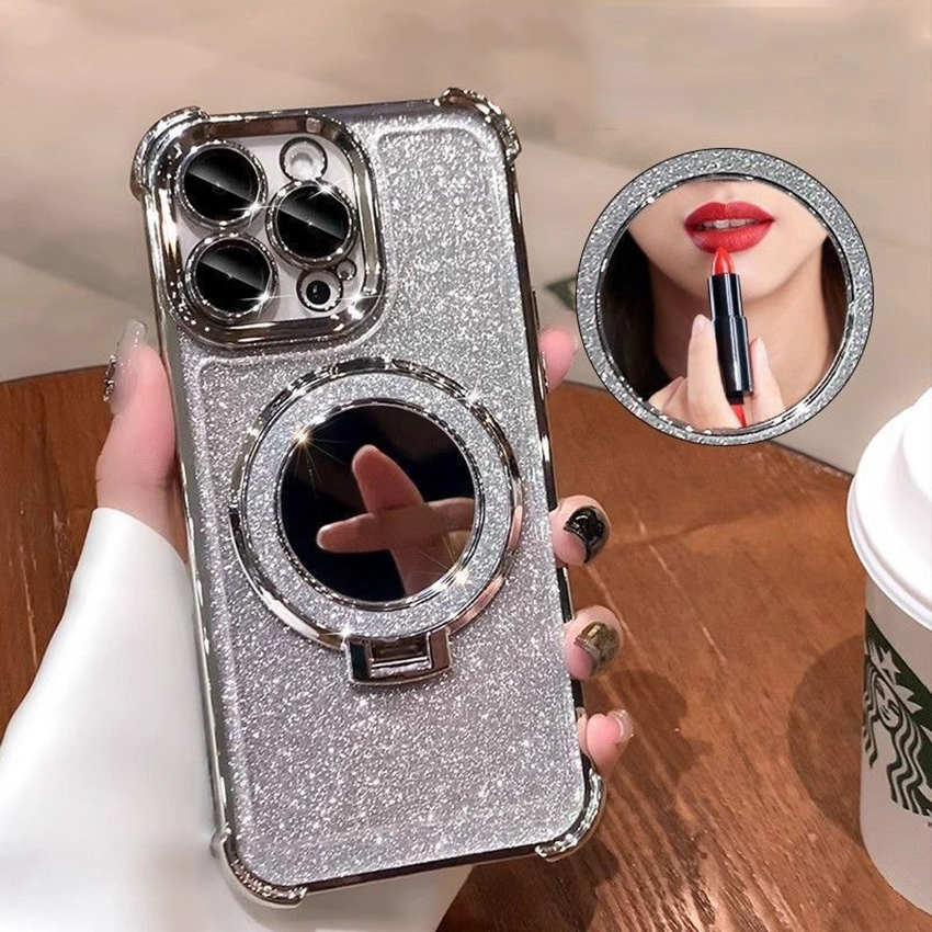 Support Maquillage Miroir Étui de téléphone pour Iphone 16 15 14 13 Pro 12 11 Max Plus 16Pro Magnétique 16Promax Étui de téléphone Glitter 15Pro