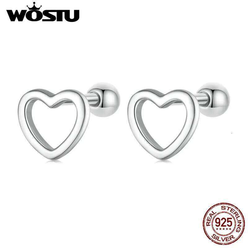 WOSTU 925 Sterling Silver Simple Hollow Heart Earrings For Women European Minimalism Ear Cuff Studs Piercing Drop Dangle Earring H260309-image-1096881778