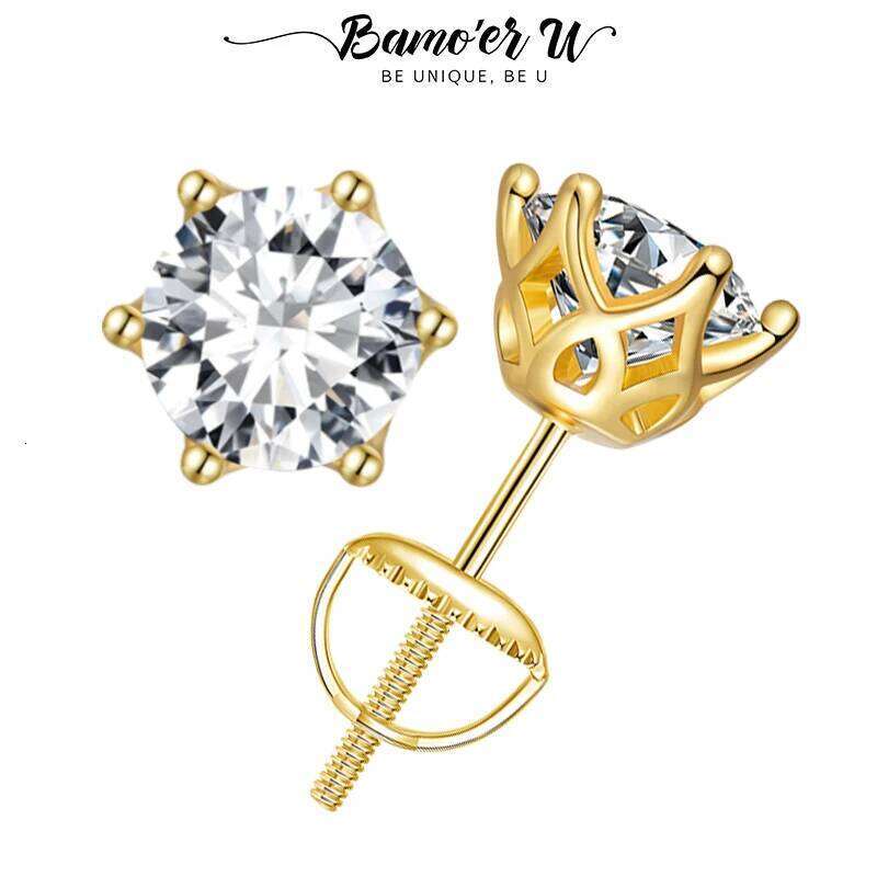 Bamoer U Gold Moissanite Stud Screw Back Earrings Gemstone Diamond 6 Prongs D color Solitaire for Women Wedding Gift H260309