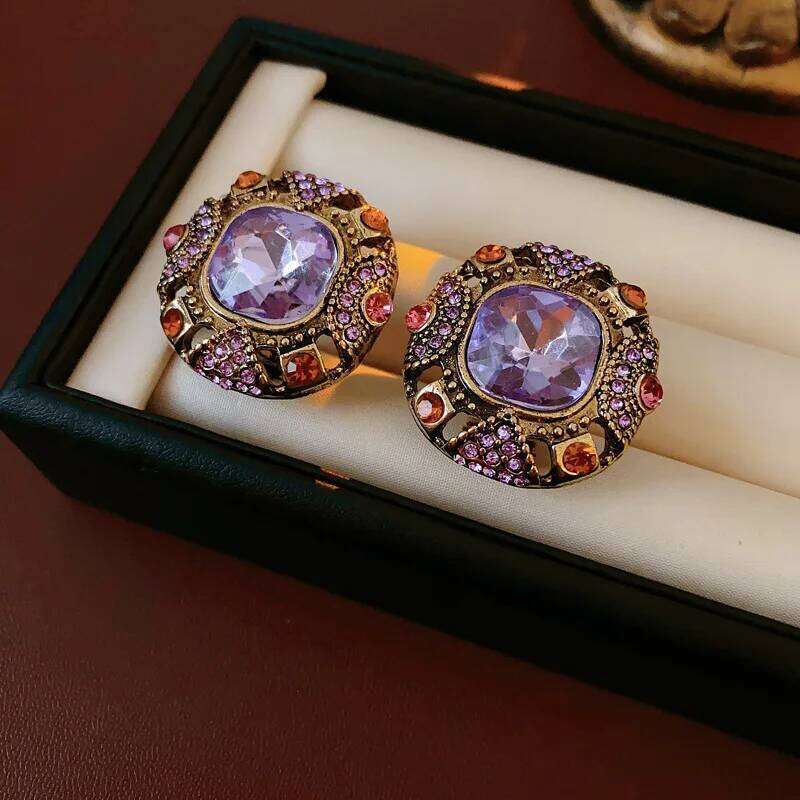 Vintage Purple Inlaid Rhinestone Earrings for Women Light Luxury Square Stud Earring Retro High Quality Wedding Jewelry Gifts H260309-image-1096881776
