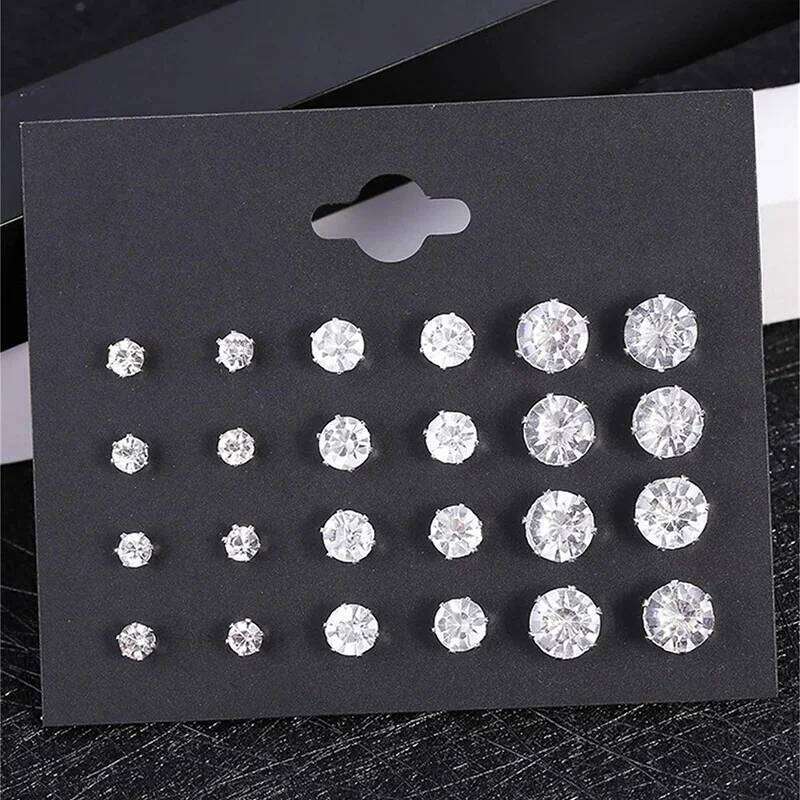 New 12 Pair/Pack White Shiny Wedding Stud Set For Women Men Crystal Earrings Jewelry Accessories Gifts H260309-image-1096881957