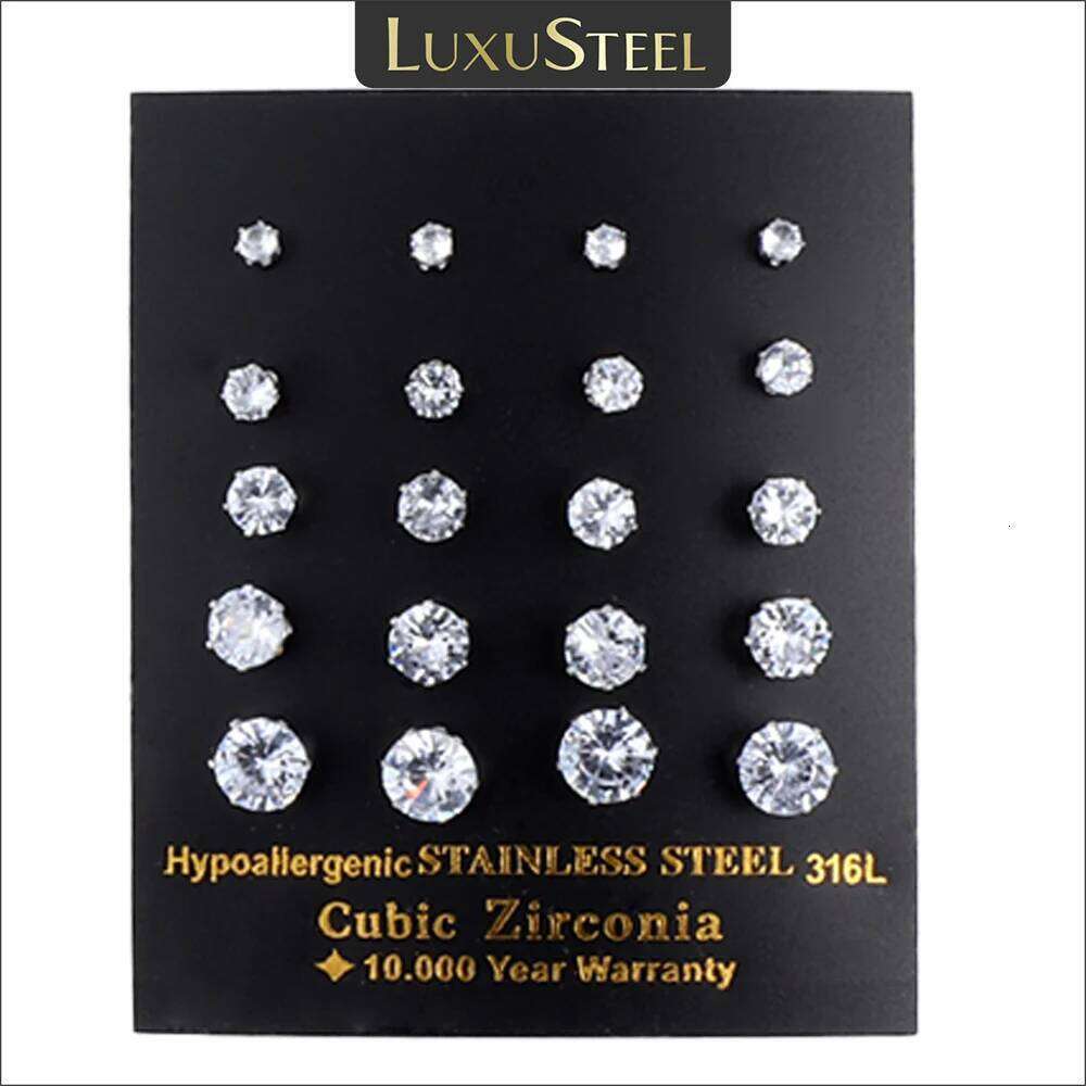 LUXUSTEEL 10 Pairs/Set 3-10mm White Clear Crystal Earrings For Women Men Stainless Steel Zircon CZ Ear Piercing Wholesale H260309-image-1096883370
