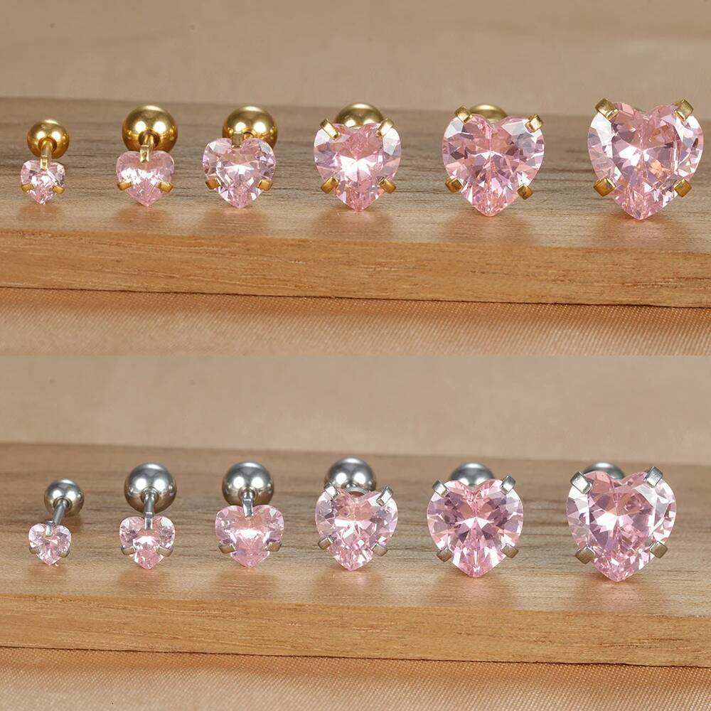 1PC Simple Pink Cubic Zirconia Heart Small Stud Earrings Fashion Tiny Stainless Steel Charm Helix Tragus Piercing Jewelry H260309