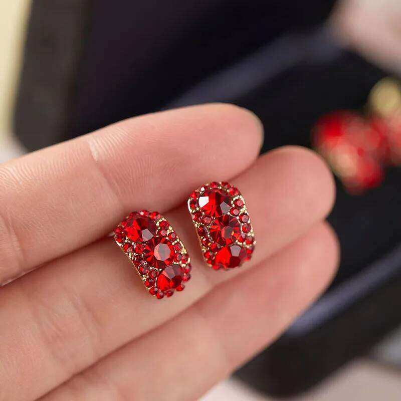 Red Crystal Rhinestone C-shaped Tiny Stud Vintage Light Luxury Earrings Jewelry Women New Year Gifts H260309-image-1096881454