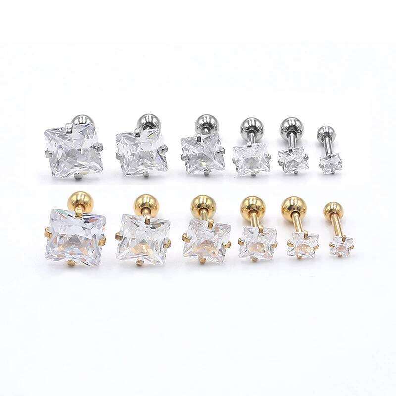 1 Pair 3/4/5/6/7/8mm Simple Shiny Stainless Steel Cubic Zirconia Square Stud Earrings for Men Women Ear Accessories Gift H260309