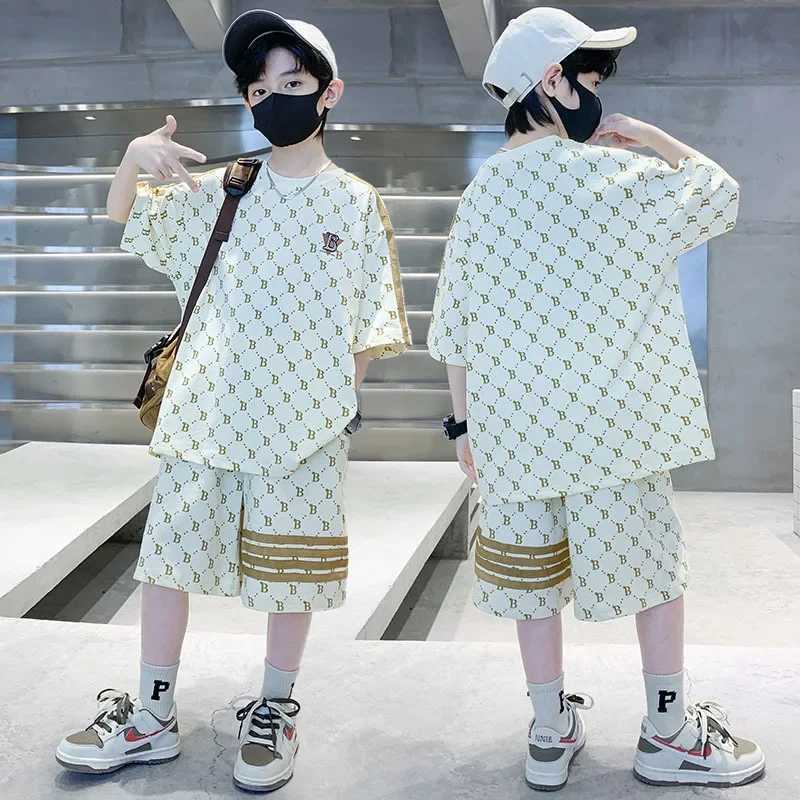 Summer Teenage Boy Clothes Set Letter Plaid T-Shirts Shorts Suit Children Girl Short Sleeve Top and Bottom 2pcs Outfit TracksuitT260310-image-1096949425