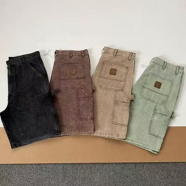 C nouveau Style américain à la mode lavé en détresse Double genou Rivet bûcheron vêtements de travail demi-pantalon