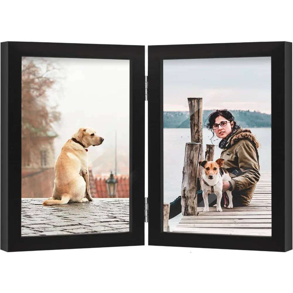 5x7 Double Picture Wooden Hinged Photo Frame Definition Glass Stand Vertically on Desktop or Tabletop Black H260310-image-1097016567