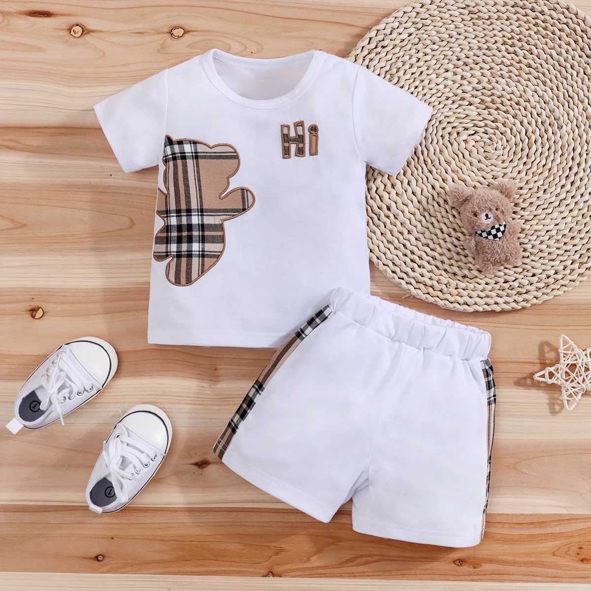 2 pièces IURNXB bébé vêtements ensemble infantile à manches courtes TeesShorts dessin animé à carreaux ours imprimer mignon enfants hauts pantalo