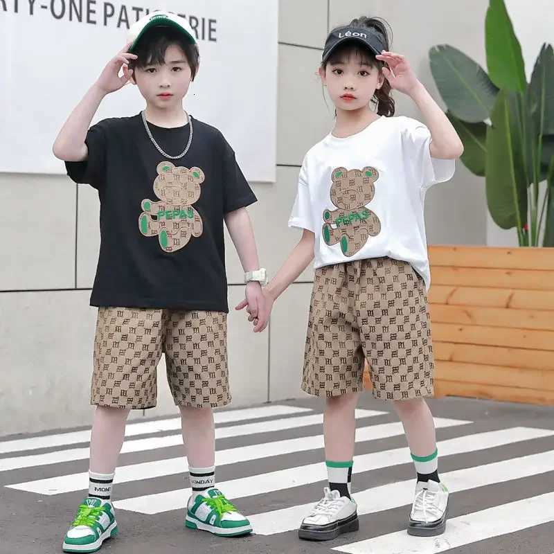 Kids Clothes Boys Summer Cartoon Bear T-Shirt Plaid Shorts 2 Pieces Set Geometric Tracksuit Teenage Girl Stereoscopic BearT260310-image-1096949715